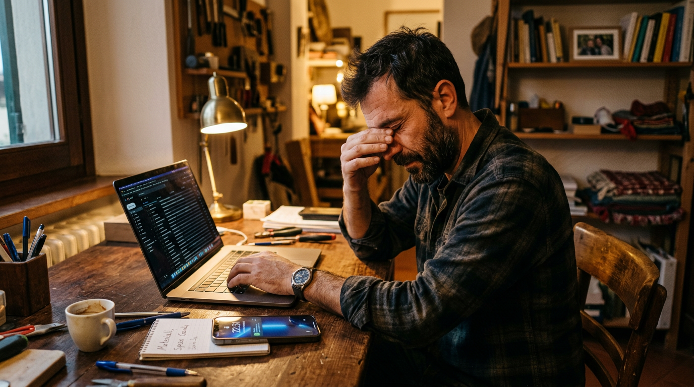 Artigiano stanco alla scrivania la sera, scrive il preventivo al computer mentre il cliente aspetta su WhatsApp