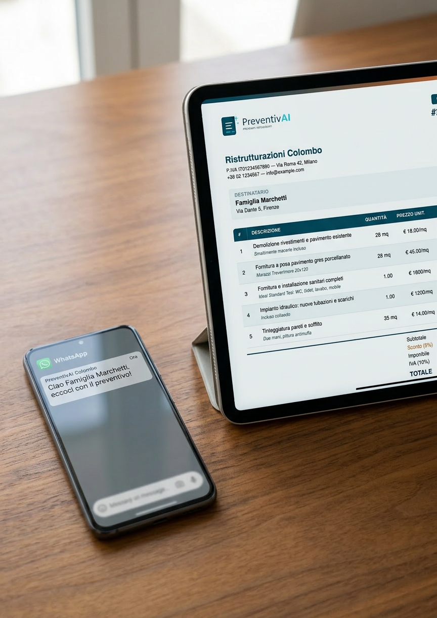 Confronto tra preventivo scritto come messaggio e preventivo professionale in PDF con logo e tabella voci