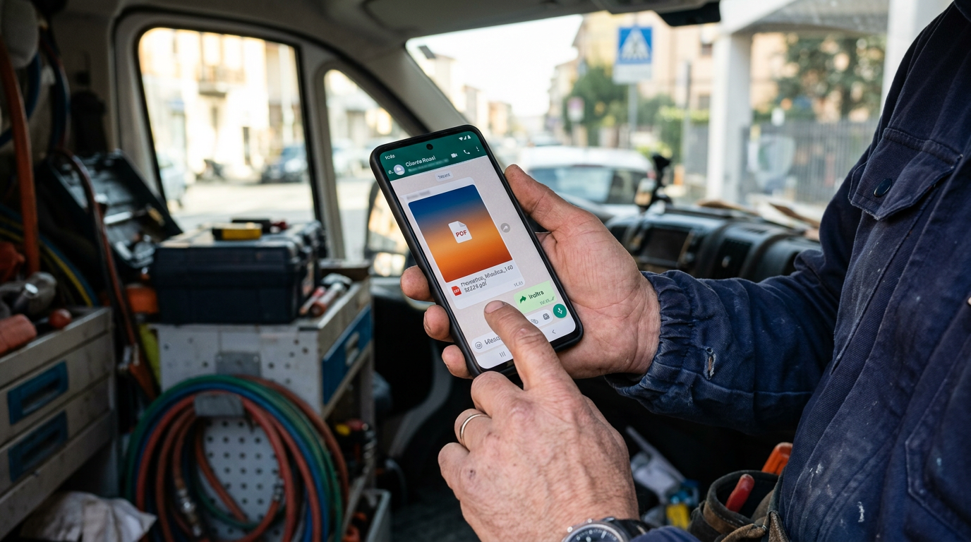 Preventivo PDF ricevuto su WhatsApp, pronto per essere inoltrato al cliente con un tap