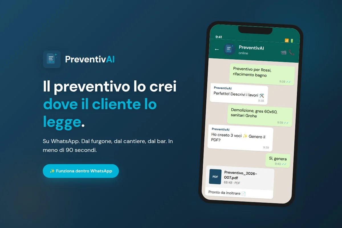 Artigiano nel furgone che crea un preventivo su WhatsApp dal telefono