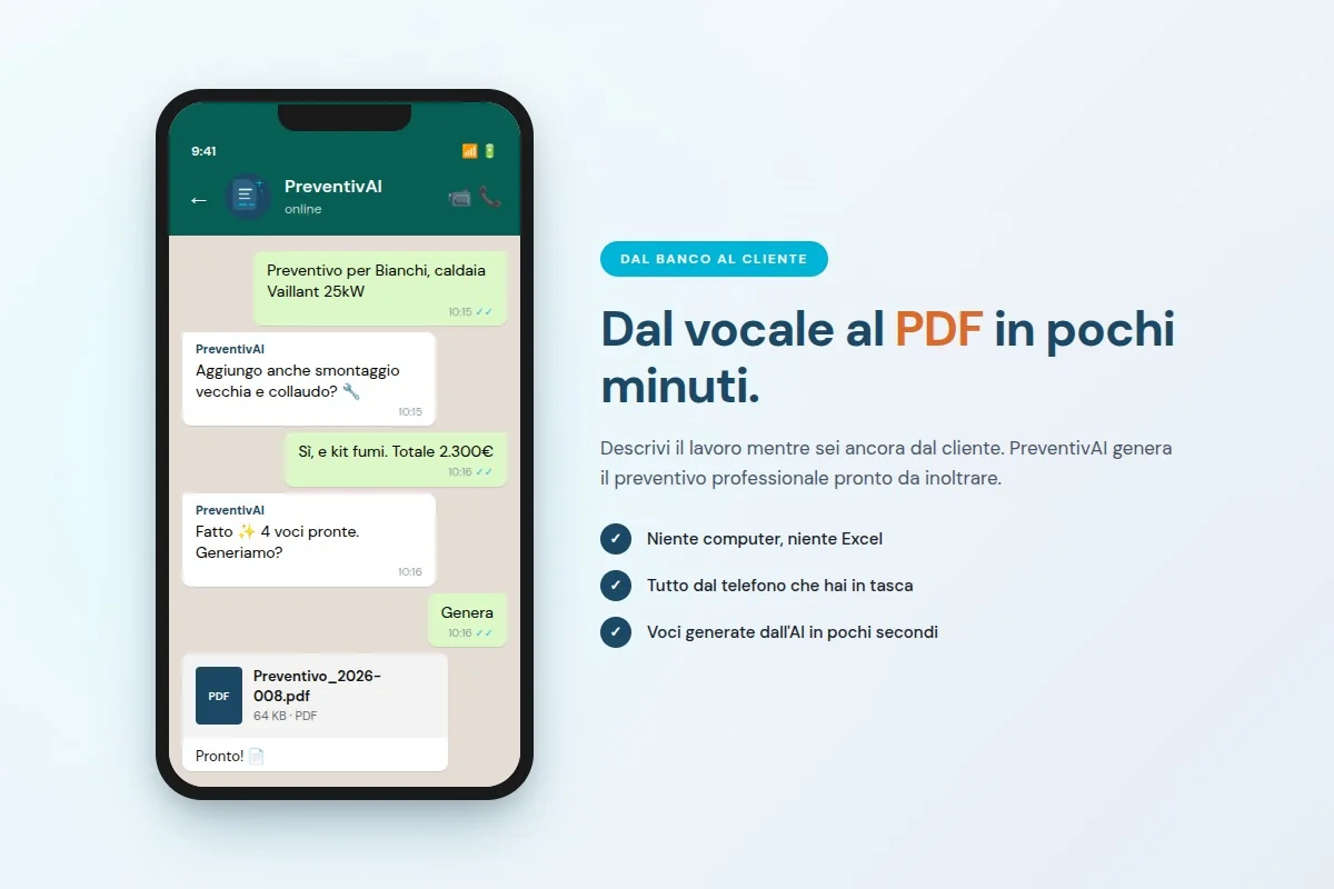 Smartphone su banco da lavoro con WhatsApp aperto e preventivo PDF