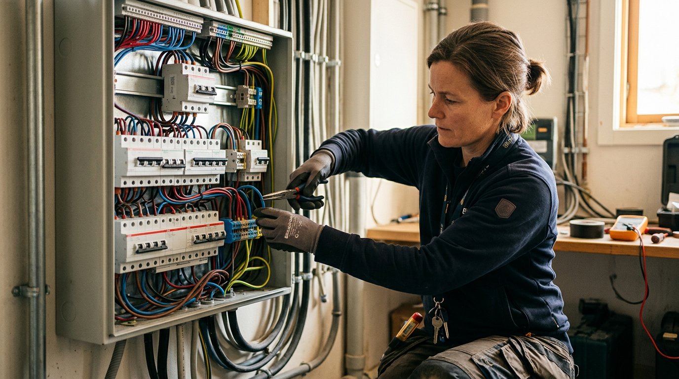 Elettricista al lavoro su un quadro elettrico con interruttori magnetotermici e differenziali