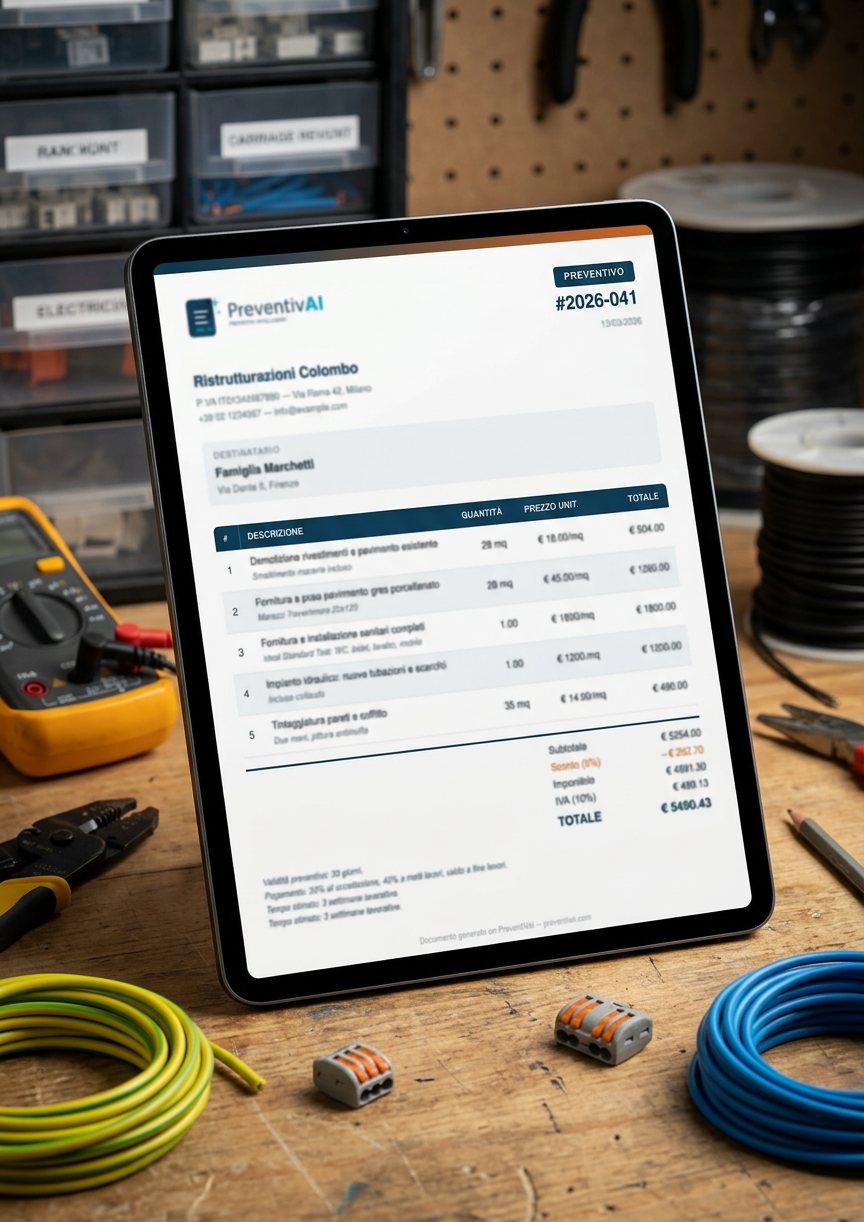 Preventivo PDF professionale per rifacimento impianto elettrico con voci dettagliate per punto luce