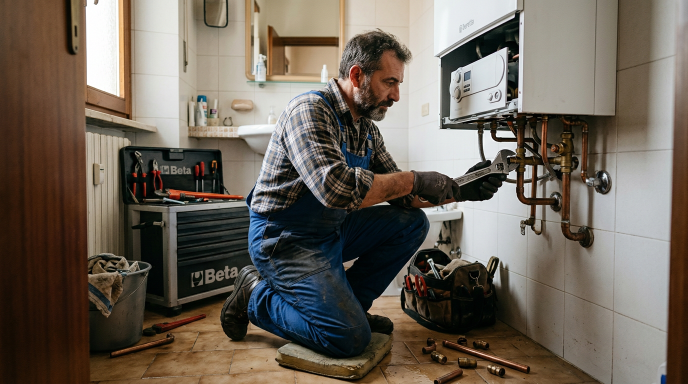 Idraulico al lavoro sulla caldaia durante un intervento di sostituzione