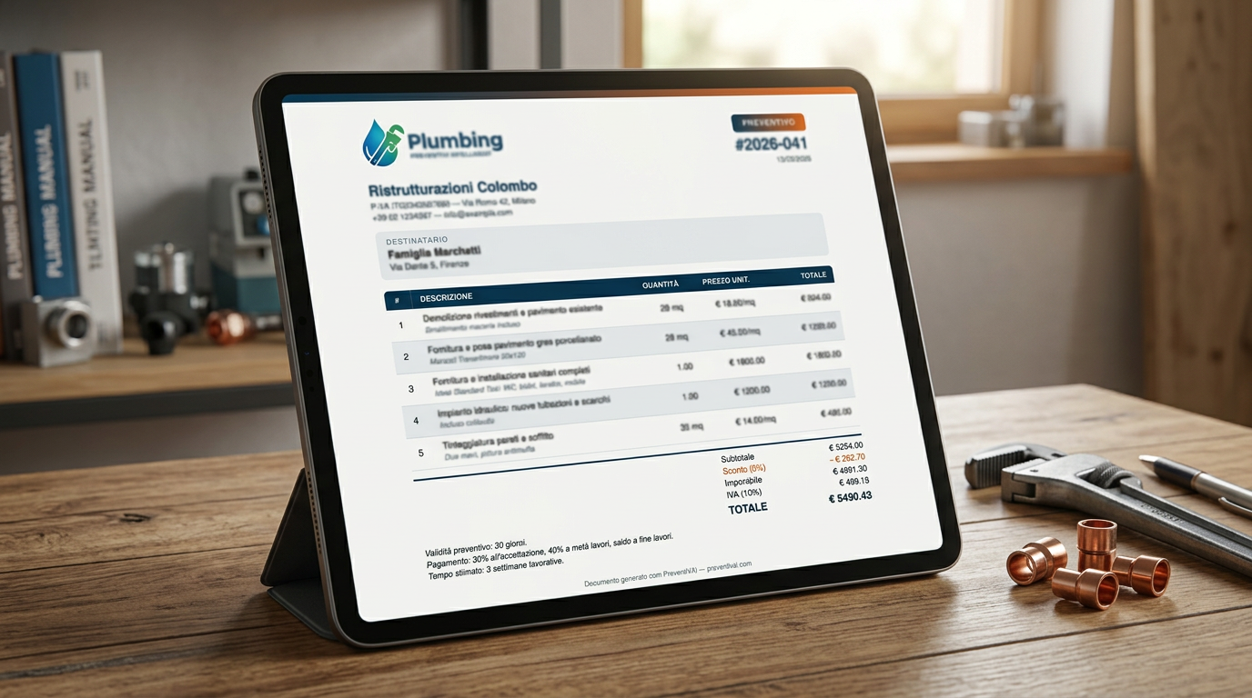 Esempio di preventivo PDF professionale per sostituzione caldaia con logo, voci dettagliate e IVA al 10%