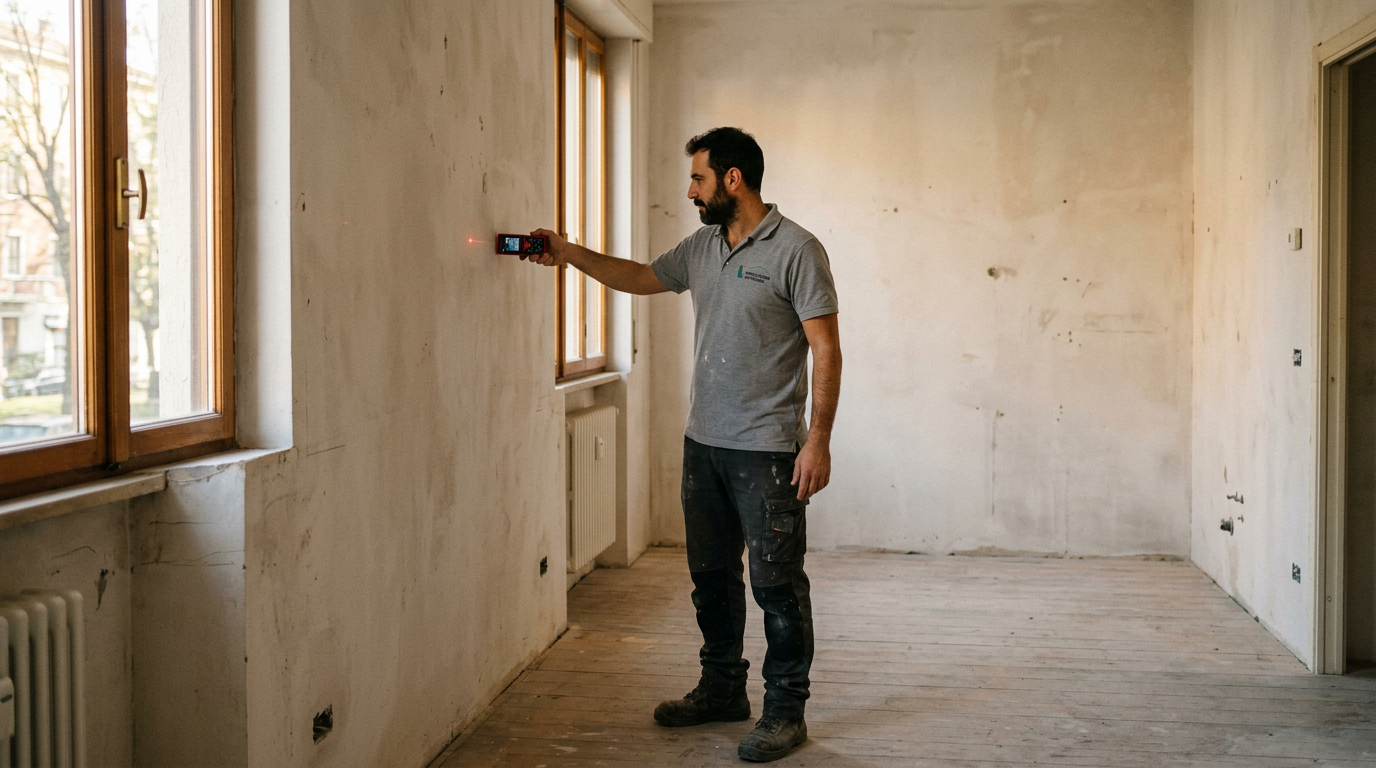 Imbianchino che misura le pareti con il metro laser durante il sopralluogo