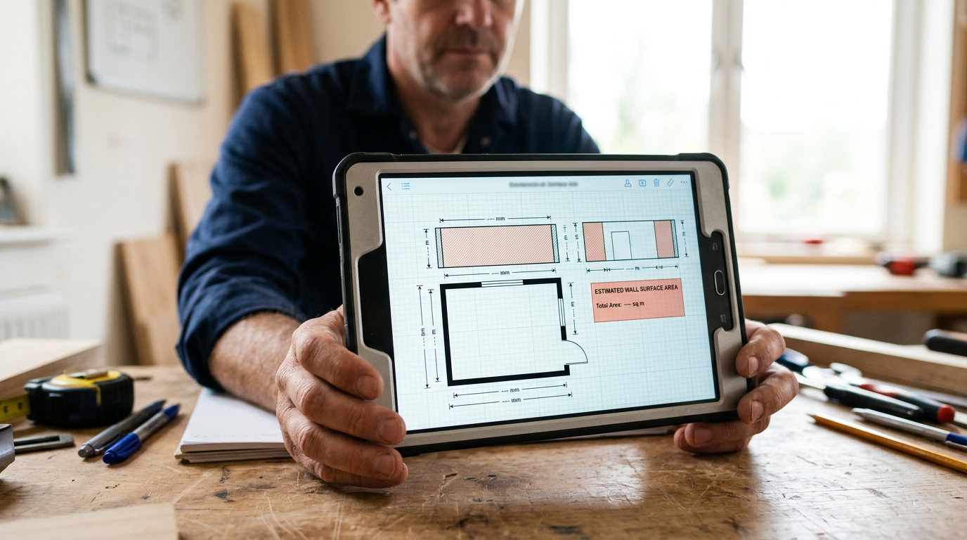 Schema con misure di una stanza: perimetro, altezza, aperture e calcolo dei metri quadri per tinteggiatura