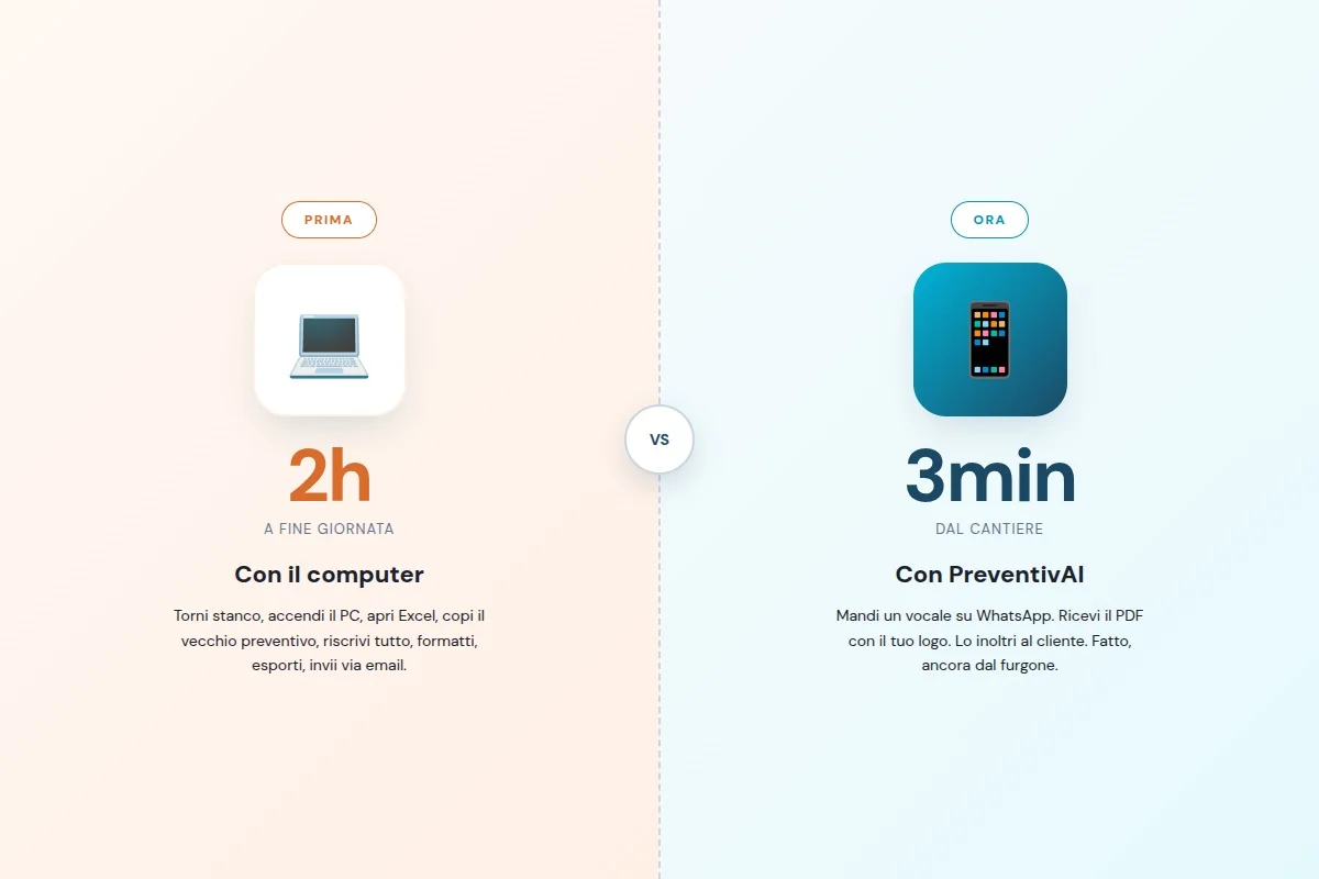 Artigiano stanco alla scrivania di sera con laptop e preventivo da scrivere
