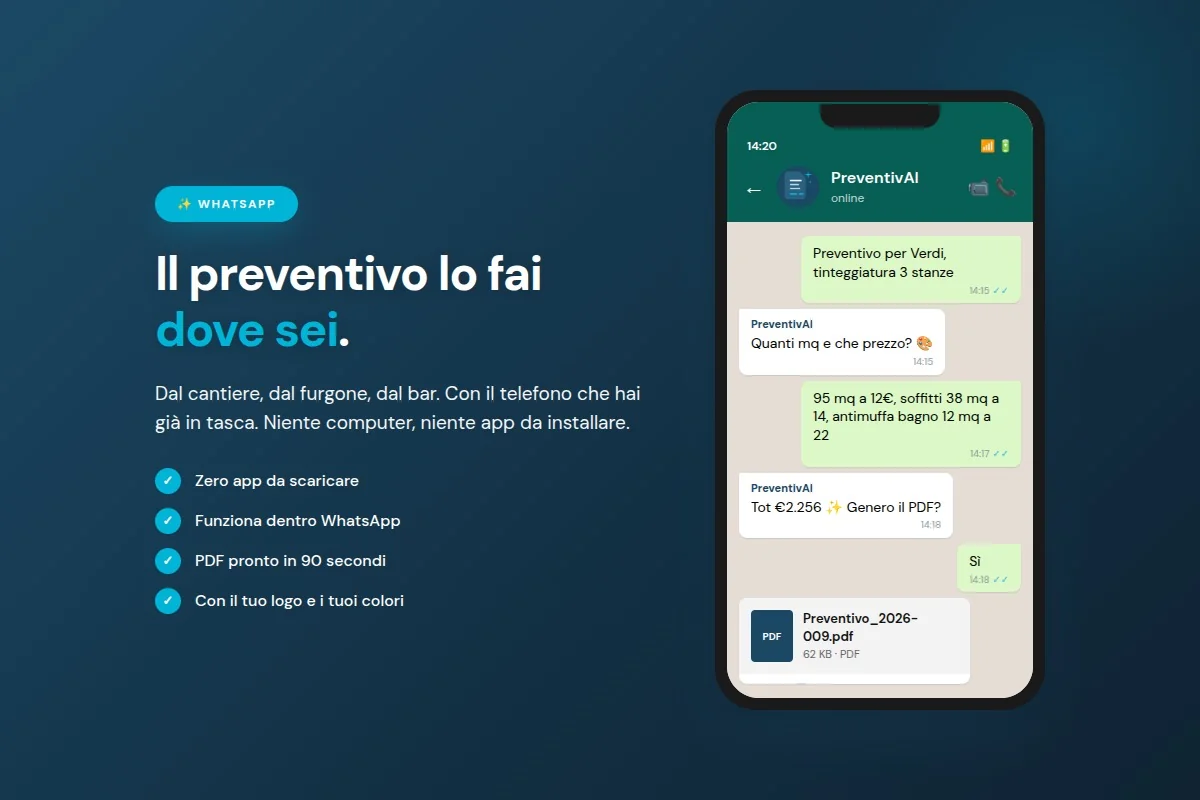 Mano con smartphone che crea preventivo su WhatsApp dal cantiere
